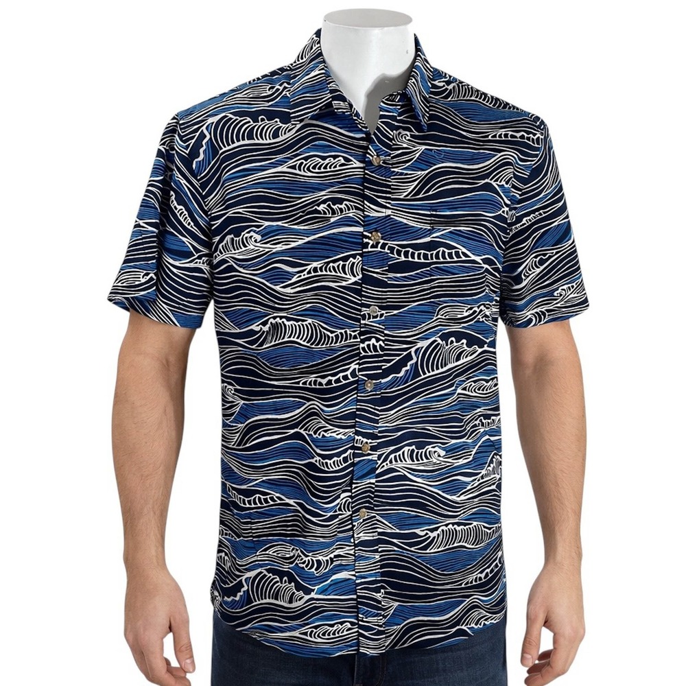Cooke Street Hawaiian Aloha Shirt Medium Waves Island Abstract Blue Black‎